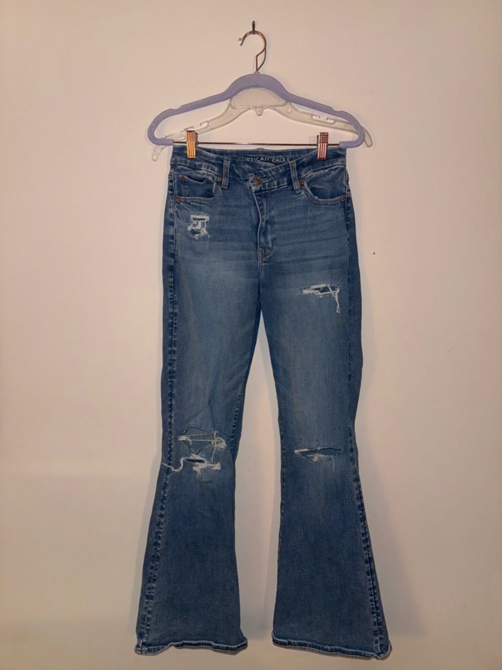 American Eagle Outfitters Medium Blue Flare Jeans with Distressed Detail